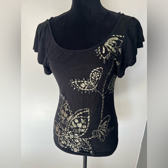 Vintage Forever 21 Black and Gold Embellished Cap Sleeve Blouse - Picture 1 of 4